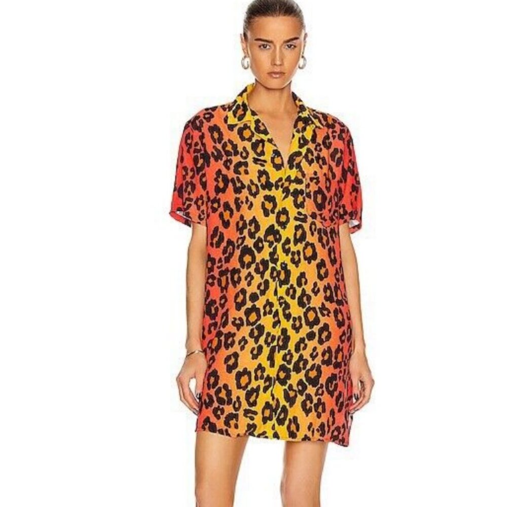 R13 OMBRE NEON LEOPARD "SKATER" MINI SHIRT DRESS